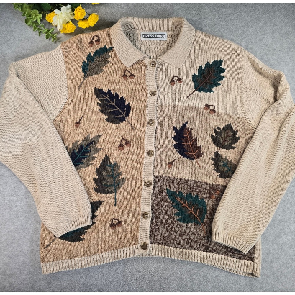 Vintage Y2K Dress Barn Cardigan LG Fall Leaf Collared Button Up Knit Sweater